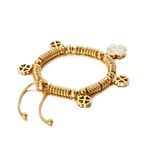 Stainless Steel Four Leaf Clover Charm Bracelet For Women With Zirconia Pave Hollow Adjustable Beaded Chain