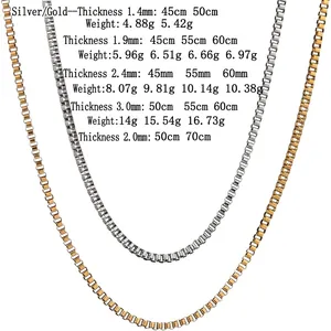 U-shaped display of box chains in gold and silver steel with size specifications