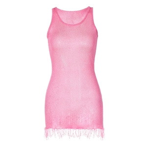 Chic pink shimmering knit dress with sleeveless round neck and fringe hem for summer