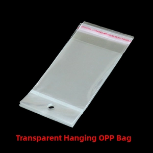 Detailed view of transparent OPP bags with self-adhesive seals and hanging header holes