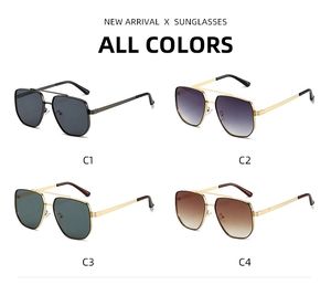Vier Farboptionen der Retro-Sonnenbrille mit Doppelbrücke im quadratischen Design