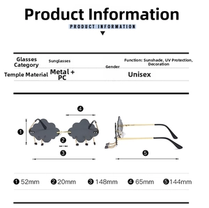 Detailed size measurement chart for cloud-shaped sunglasses showing frame dimensions