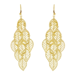Elegant gold-tone long tassel leaf drop earrings with multi-layered hollow leaf design