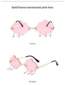 Close-up of cloud shaped pink sunglasses with gold frames and dangling water drop charms