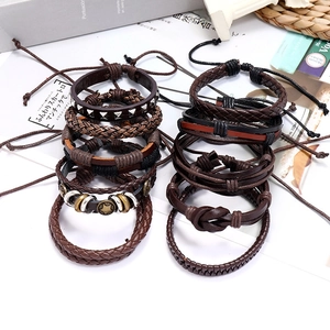 8-piece set of men's vintage brown multi-layer braided leather and cord bracelets
