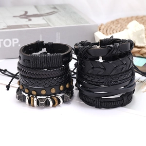 Retro multi-layer black braided leather bracelet set for men with metal stud accents