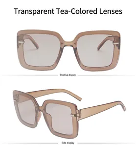 Detail view of tea-colored transparent square sunglasses with silver metal temple accents