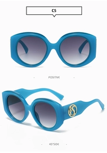 Detail of round blue plastic sunglasses with thick frames and golden temple logo