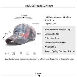 Tie-dye cotton baseball cap for women with ponytail hole and adjustable size specs