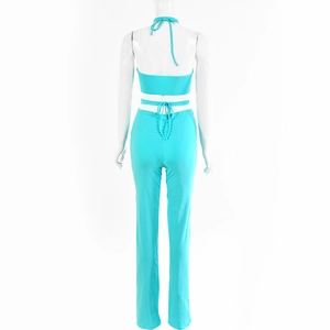 Back view of a turquoise two-piece set featuring a halter crop top and high-waisted pants