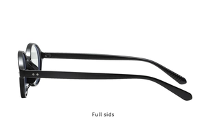 Side view of black oval eyewear frame with silver rivet details and anti-blue light lenses