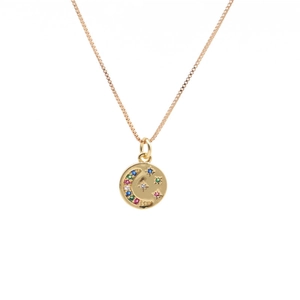 Gold moon and star pendant necklace with multi-colored cubic zirconia on a box chain
