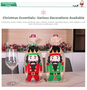 Detail view of nutcracker soldier burlap wine bottle covers for Christmas table setting