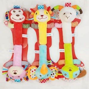 Three-piece baby plush animal rattles with lion, monkey and elephant on packaging card