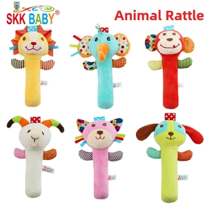 Set of 6 plush animal baby rattles with colorful sensory fabrics and textures