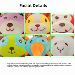 Detailed view of plush baby rattle toy featuring computer embroidered animal facial features