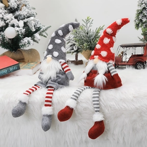 Set of 2 Christmas long-legged gnomes plush ornaments on white fur rug for holiday decor