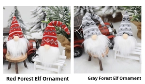 Detail of red and grey knitted Christmas gnomes with long white beards on mini benches