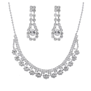 Sparkling silver bridal jewelry set with crystal necklace and drop earrings for weddings