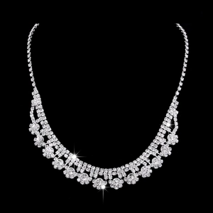 Sparkling silver bridal necklace set with multiple rows of rhinestones and floral clusters