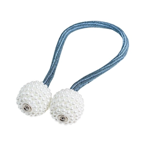 Blue magnetic curtain tieback with woven rope and white pearl bead accents