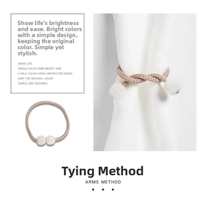 Detail of minimalist beige woven curtain tieback with magnetic faux pearl closure