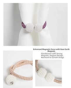 Close-up of pearl magnetic curtain tieback with strong earth magnet and woven rope