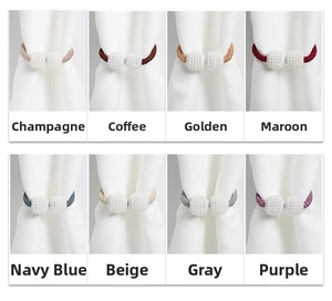 Detail view of magnetic curtain tiebacks in eight vibrant colors with pearl texture