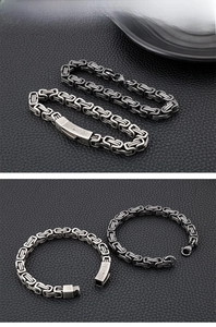 Detail of vintage stainless steel Byzantine chain bracelets with different clasp styles
