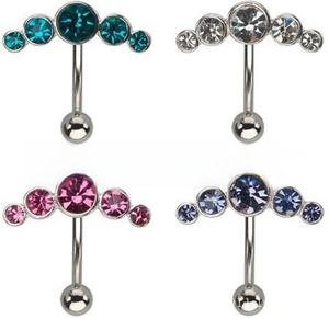 Macro detail of curved navel piercing studs with sparkling zircon stones in four vibrant colors