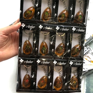 Wholesale set of 12 real insect amber resin teardrop pendants with metal keyrings