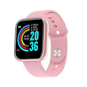 Pink Y68 smart fitness tracker watch showing heart rate and steps on a square digital display