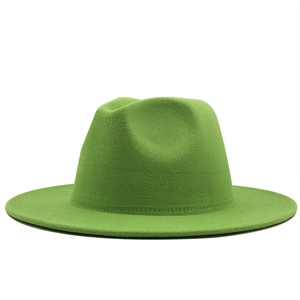 Classic green wool fedora with flat brim and yellow color blocking, stylish jazz hat 58cm