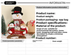 Detailed size chart for plush snowman family Christmas decor featuring merry christmas sign