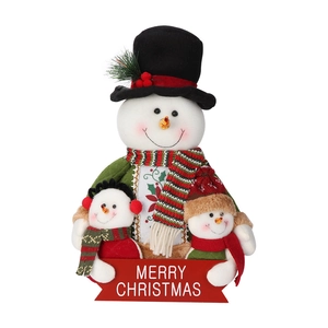 Christmas snowman family plush figurines with knitted scarves and Merry Christmas banner
