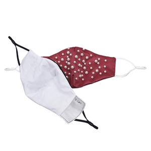 Burgundy satin face mask with white pearls, PM2.5 filter and adjustable ear loops
