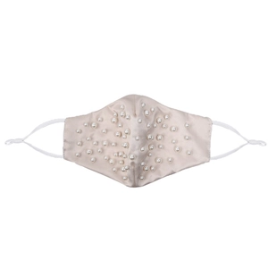 Detailed view of champagne satin fashion mask with white faux pearls and adjustable straps