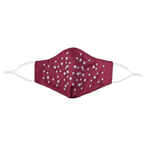 Detail of burgundy satin decorative mask with white pearls and adjustable ear loops