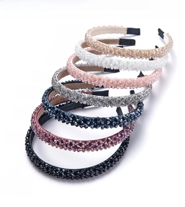 Detailed set of 7 colorful crystal beaded headbands in various elegant pastel shades