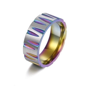 Macro detail of rainbow stainless steel ring with brushed finish and V-shaped grooves
