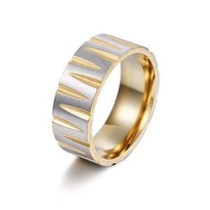 Detail view of W-shape stainless steel ring with brushed silver exterior and gold interior