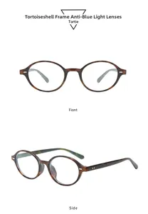 Front and side view of tortoiseshell round glasses with blue light blocking lenses