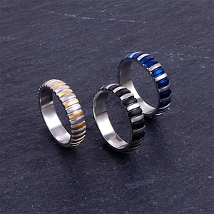 Industrial punk gear texture stainless steel men's rings in gold, black, and blue finishes
