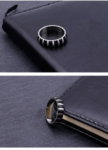 Detail view of men's stainless steel ring with industrial silver and black vertical stripes
