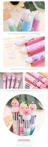 Close-up of 10-color retractable ballpoint pen with cartoon flamingo and pig designs