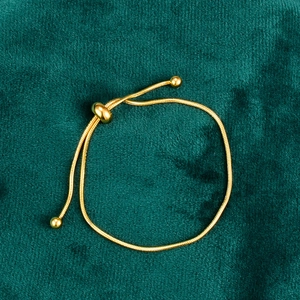 Detail of adjustable gold snake chain bracelet with sliding buckle on green velvet