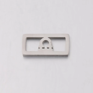 Detailed view of silver stainless steel square pendant with Greek Omega cutout design