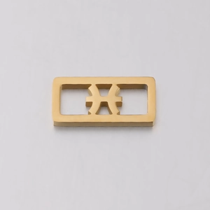 Macro detail of a golden stainless steel rectangular Pisces zodiac pendant for jewelry