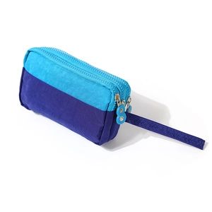 Three-layer nylon wristlet pouch with zippers in sky blue and purple contrast colors
