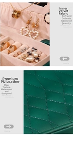 Detail of green PU leather exterior and soft pink velvet lining of the jewelry box